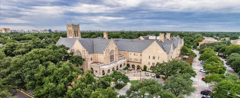 Aerial view of the Highland Park United Methodist Church campus in Dallas