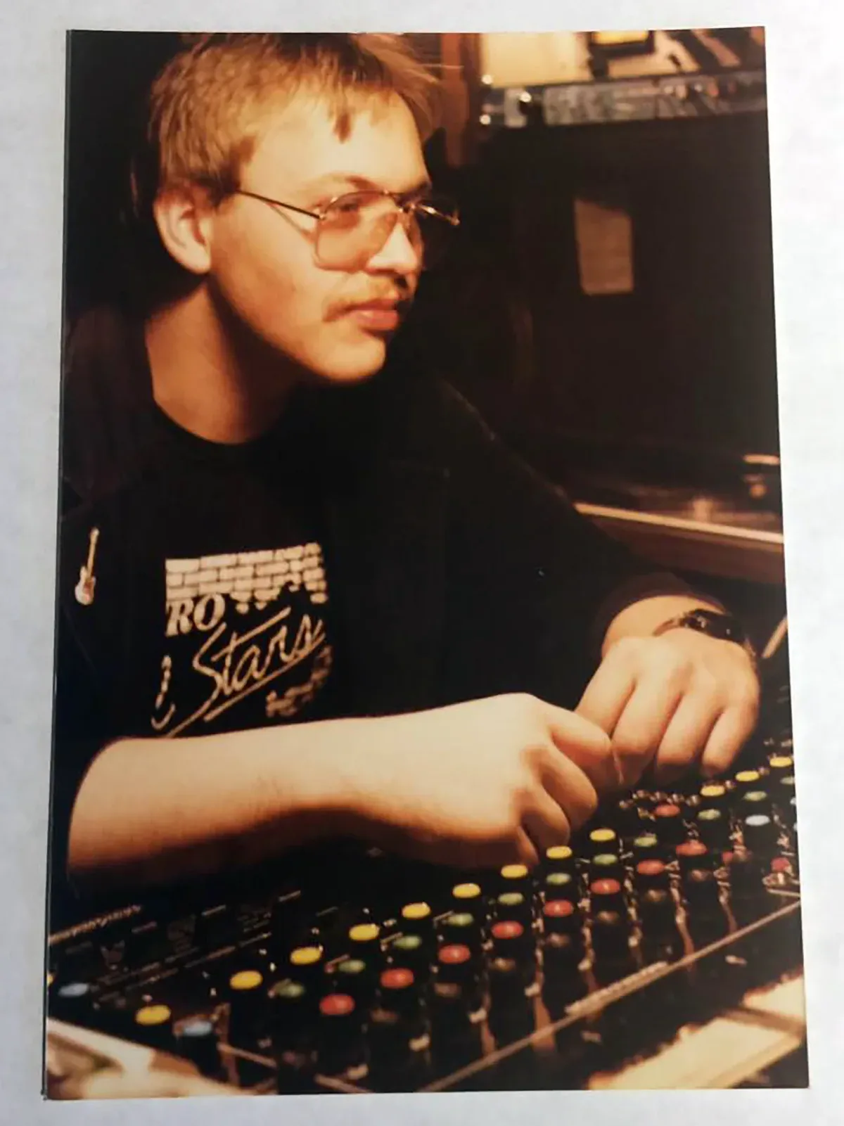 A young Michael D Clute at the mixing console of his Rainbow Recording Studio in Fargo